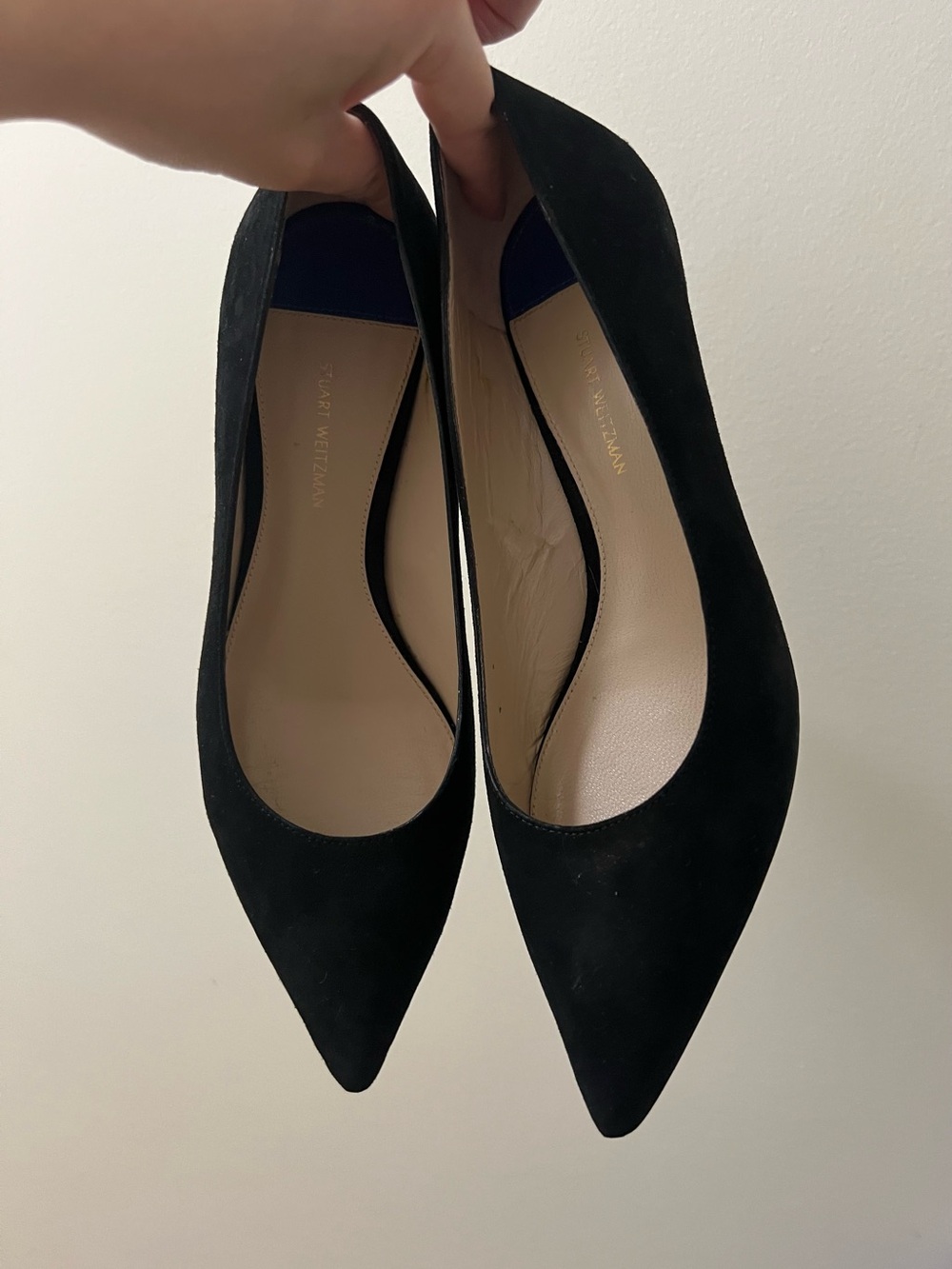 Stuart Weitzman Black Pointed-Toe Suede Pumps- Kitten heel